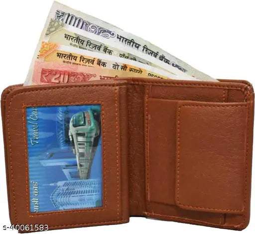Tan leatherette trendy men's wallet, Classic World Handy Styles, 2 compartments, button lock, coin pocket, and 9 card slots. Made in India
