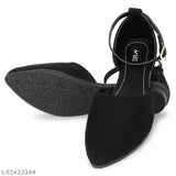 Black suede mules for women, ankle loop with buckle detail, pointy toe design, casual style, solid black color, superior comfort, Indian origin