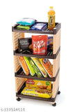 This is a 4-layer storage organizer with wheels in a brown and cream color scheme, suitable for both kitchen and office use. It features multiple compartments for organizing various items and includes casters for easy mobility
