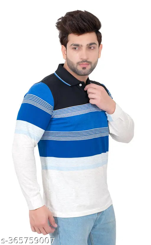 Breathable polycotton multicolor striped full sleeve polo t-shirt for men, modern design, India origin