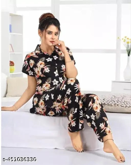 Black satin girl night suit with flower print, attractive imported women's pyjamas for everyday wear (XL)