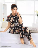 Black satin girl night suit with flower print, attractive imported women's pyjamas for everyday wear (XL)