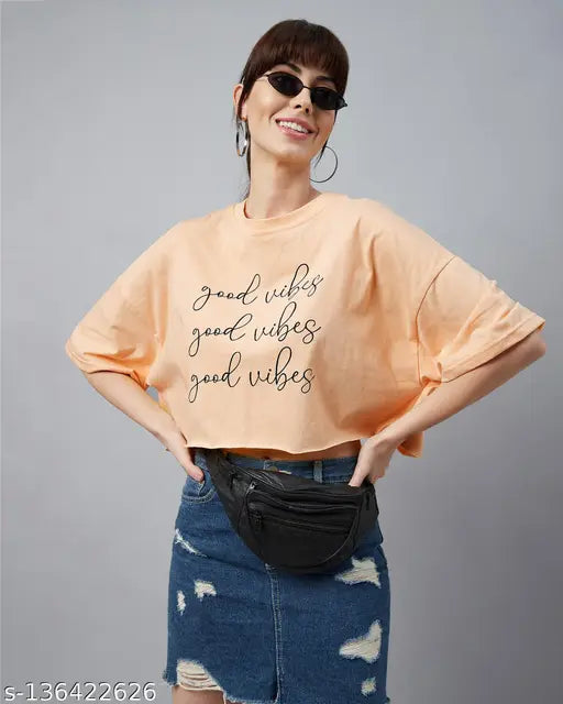 Light orange typographic oversized crop t-shirt, cotton fabric, women's fashion apparel, Chimpaaanzee branded, India origin