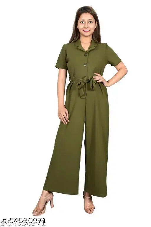 Olive polyester casual jumpsuit for ladies, comfortable fit, straight hemline on full-length figure model