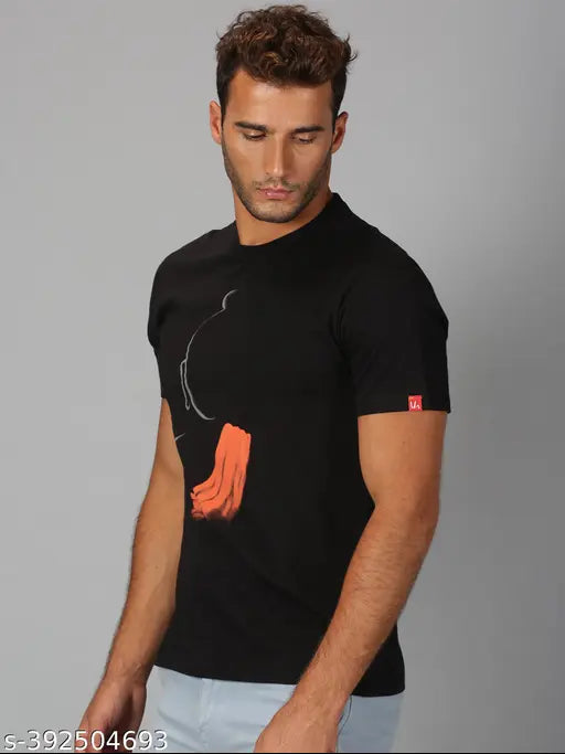 Black cotton t-shirt with religious print for men, short sleeves, size S (39in chest, 27in length), made in India