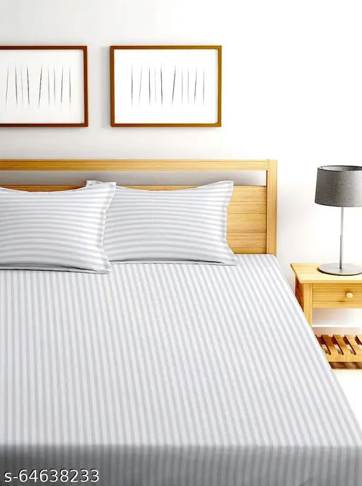 White cotton superfine fitted double bedsheets with 2 pillow covers, New Leaf Glace Cotton Satin Stripes