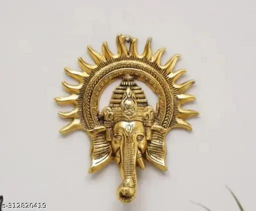 Golden metal Lord Ganesh with Surya Kiran wall hanging, 23cm x 19cm, for Vastu decoration and prosperity