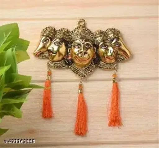 Metal Panchmukhi Hanuman Ji Murti for door entrance, 18 cm x 15 cm x 5 cm, gold-finished, traditional silk latakan included, spiritual showpiece, Indian handicraft