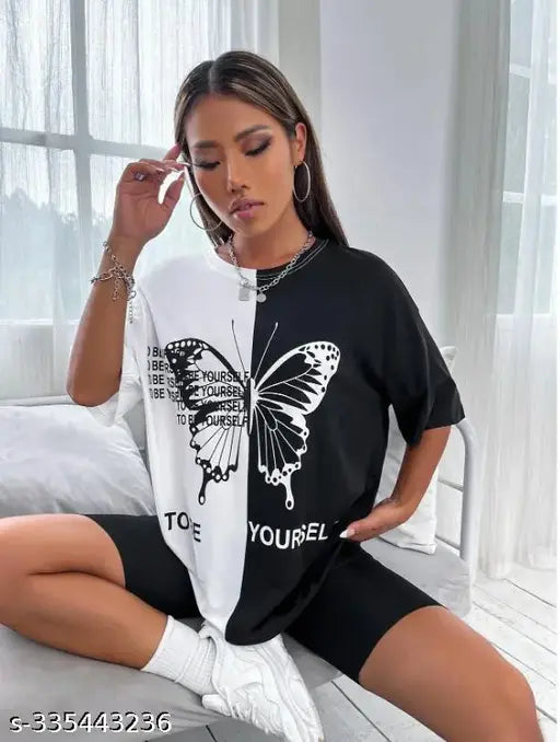 Black, white and blue oversized printed t-shirt with butterfly design