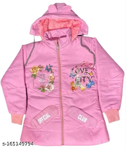 Girl's light pink jacket with flower embroidery, zip closure, hoodie