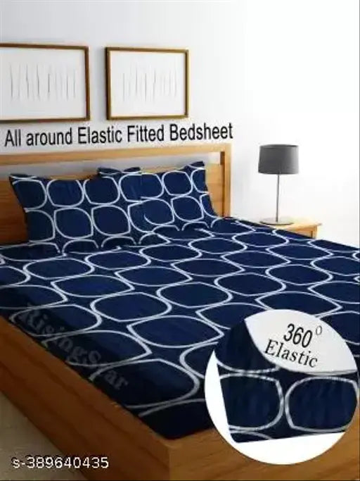 Blue Glace Cotton, Elastic Fitted Double Bedsheet Set (72x78 inches) by Madhu Textiles - Premium summer bedroom essentials with 2 pillow covers