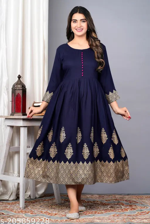 Rayon long kurta with short sleeves, rich gold embroidery on a navy blue background