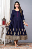 Rayon long kurta with short sleeves, rich gold embroidery on a navy blue background