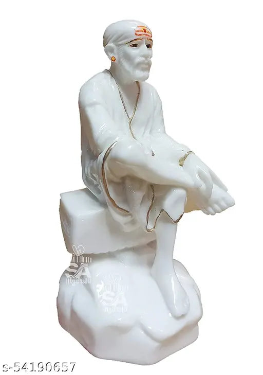 White marble dust Sai Baba Murti idol statue (6 inch), beautifully handcrafted multi-colored Vastra/Poshak pack of 7