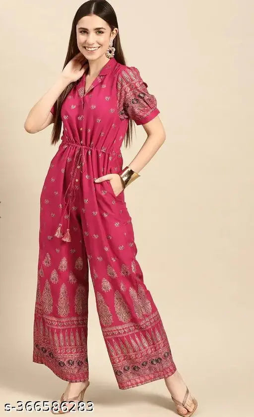 Mintra red viscose rayon long jumpsuit with printed net pattern, ideal for party wear