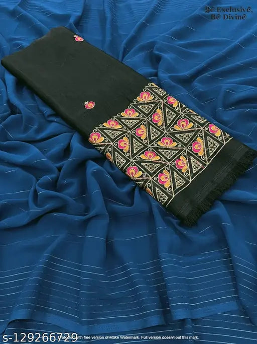 Blue and gold georgette saree with work blouse