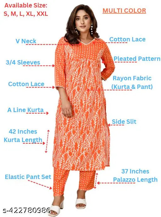Orange rayon kurti pant set with floral print, featuring three-quarter sleeves and palazzos, perfect for everyday ethnic style