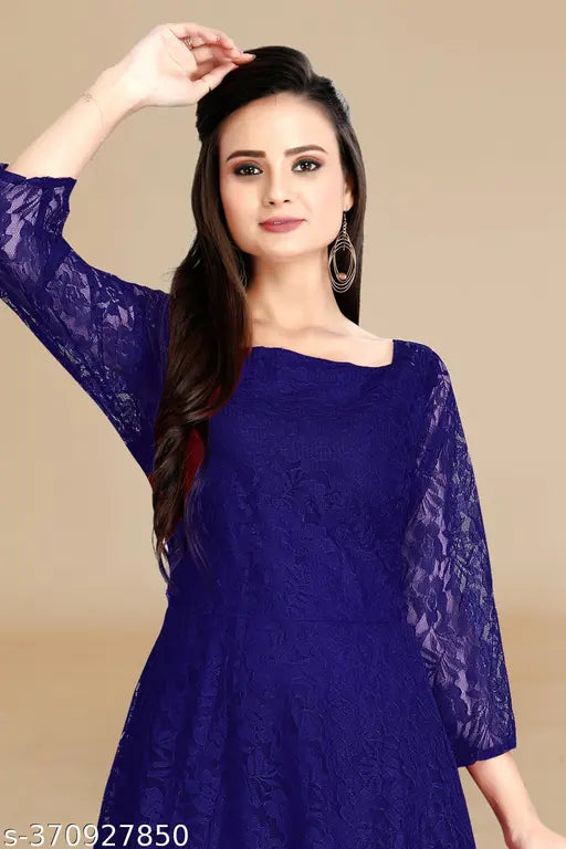 Blue ombre net Anarkali Kurta, three-quarter sleeves, embroidered design. Women's fashion outfit on mannequin