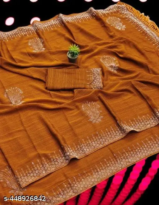 Golden satin saree with pallu, ready for use