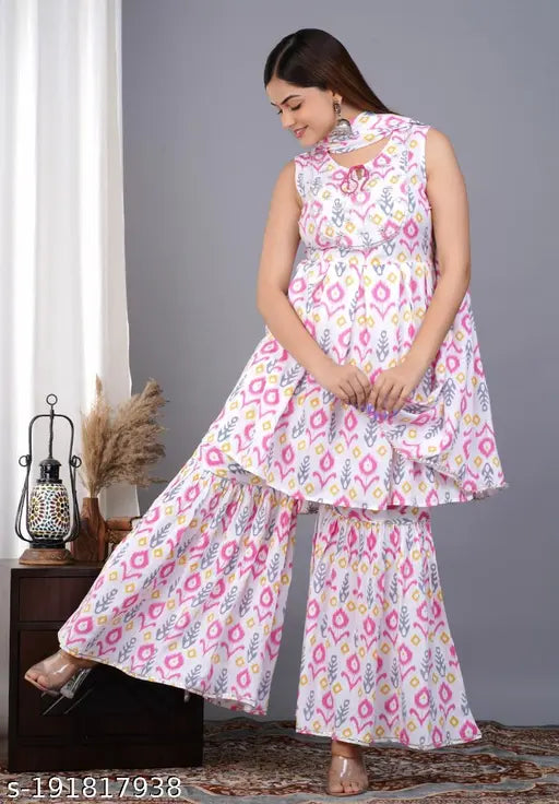 Womens rayon embroidered kurta with sharara, dupatta set