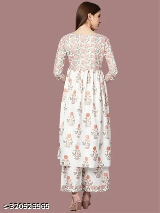 Cotton Banita Petite Women's Kurta Set with Palazzos, three-quarter sleeves, printed net design, size: XXL (bust 44in), country of origin: India