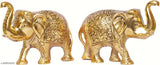 This is a set of two metal elephants, gold-finished, medium size, with intricate designs, possibly for decoration or religious purpose. Good luck charm, suitable as a home office table showpiece or a gift