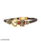 Handcrafted brass Adi Shankara spiritual one-sided Trishul Damru OM Rudraksha beads silver-plated Mahakal Shiva brown dyed leather bracelet/belt, perfect for men and women. Brown dyed rope wrist band accessory featuring a 0.5 ft product length, height, and breadth. Includes premium Rakhi combo package with metal Trishul Damru Bracelet Rakhi, best wishes greeting card, and quirky raksha bandhan wish Greeting Card for siblings, doubling as a bookmark. Authentic Indian origin
