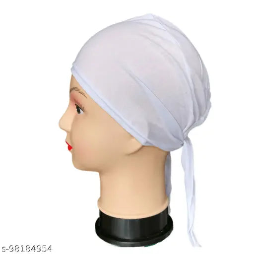 White cotton hijab cap with blue scarf, adjustable headwrap