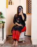 Rayon three-quarter sleeve printed kurta set with palazzo bottomwear, featuring trendy design and round neck, suitable for XS and S sizes (36in bust, 14in shoulder, 34in waist, 40in length, 30in bottom waist, 38in bottom length). Indian-made fashionable women's kurta set