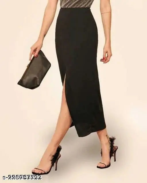Black sleeveless midi dress, cinched waistband, side slit