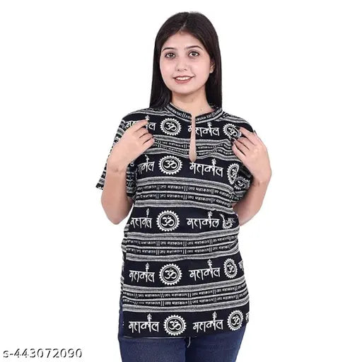 Cotton Mahakaal Damru Om printed short kurta for women, vibrant Indian fashion with short sleeves and length size M: 25 in