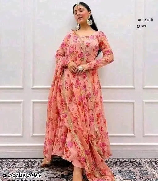 Pink Georgette office party gown with long sleeves, printed pattern, India origin