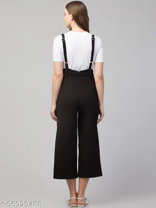 Black polyester dungaree with white t-shirt for women, solid pattern on Indian clothing
