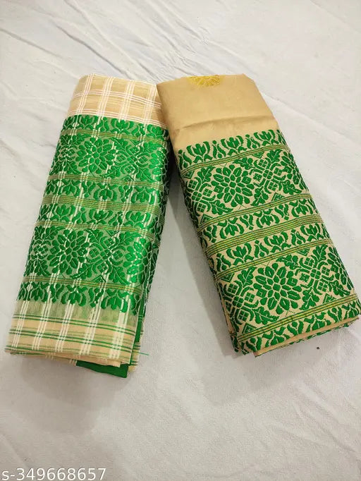 Traditional Mekhla Chador kaccha pat in chiffon fabric, embroidered blouse and separate blouse piece, length - Mekhla (2.5m), Chador (2.8m), Blouse (0.9m). Indian handwoven traditional Assamese outfit for women