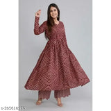 Rayon maroon kurta set with palazzos, printed net, three-quarter sleeves - trending Indian fashion for sizes S to XXXL