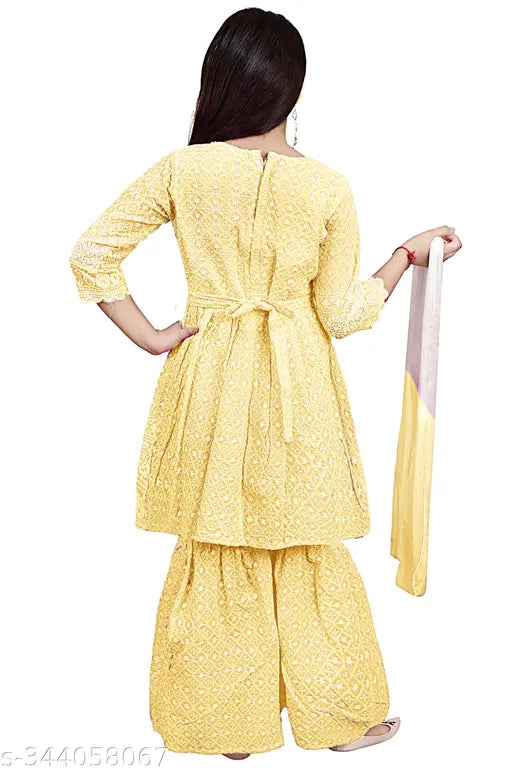Girls ethnic wear set, A-line palazzos with embroidered dupatta top, cotton quality. Indian girls clothing on model, sizes: 4-5yrs, 5-6yrs, 6-7yrs, 7-8yrs, 8-9yrs, 9-10yrs, 10-11yrs, 11-12yrs