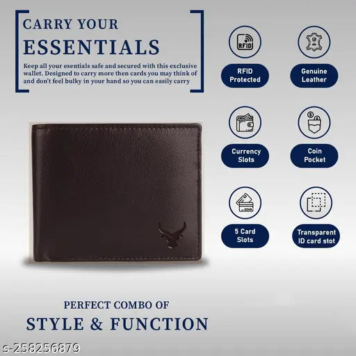 Indian-made, 100% genuine leather men's wallet with RFID protection, featuring 2 compartments and a textured pattern