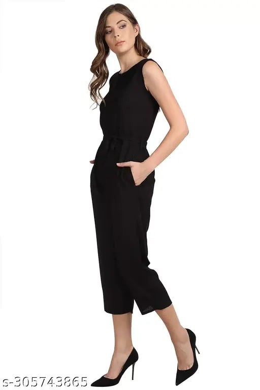 Solid cotton linen sleeveless V-neck jumpsuit, trendy fashion for women's casual or evening wear - Made in India