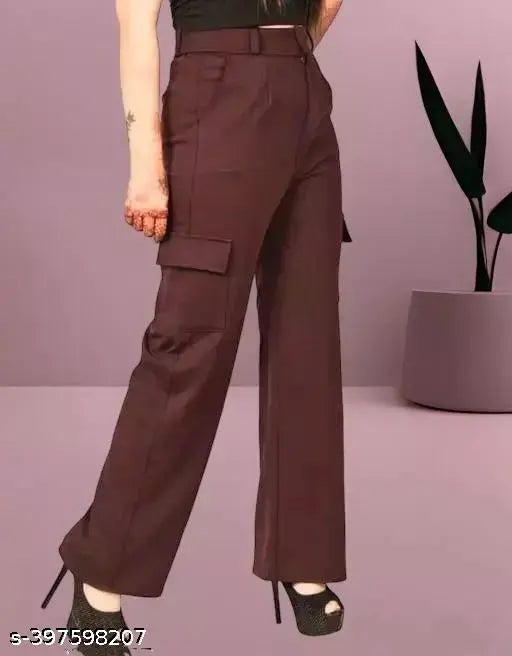 Solid cotton lycra cargo pants for women, featuring four functional pockets, perfect for casual wear