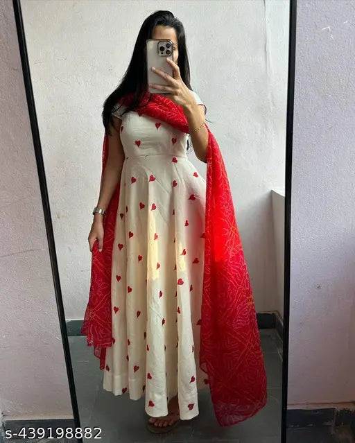 Red Heart Hand Block Print Cotton Kurti Gown with Digital Print Dupatta, Indian Traditional Women's Fashion
