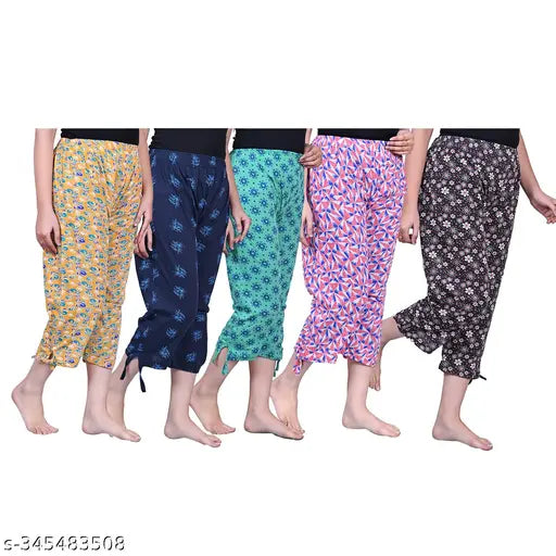 Black cotton women's printed night capris pack of 5