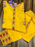 Bright yellow kameez set, embroidered with pink and green designs, all time hits, under 399, suitable for Christmas and New Year celebrations