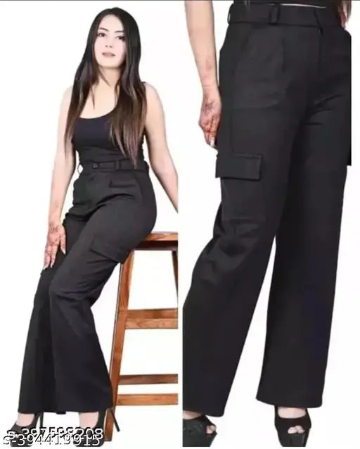 Black cotton blend women's slim-fit trousers, contemporary fashion for stylish bottoms