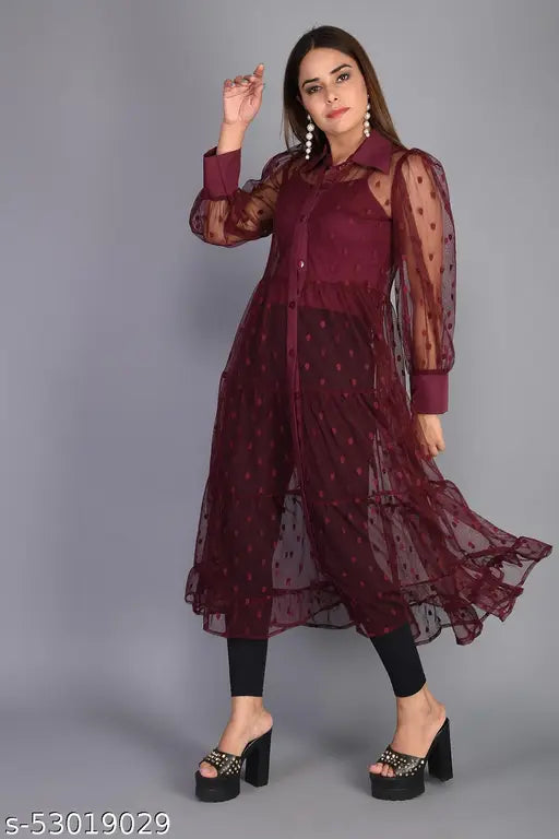 Styllsh women's calf-length cotton kurti, collared, full sleeves, front open with separate cotton lining. Self-design, three-quarter sleeve dress, India origin