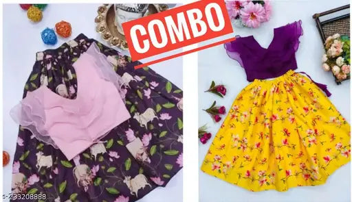 Organza and satin printed lehengha for kids party wear, new model for ages 2 years. Indian-made traditional outfit with long sleeves