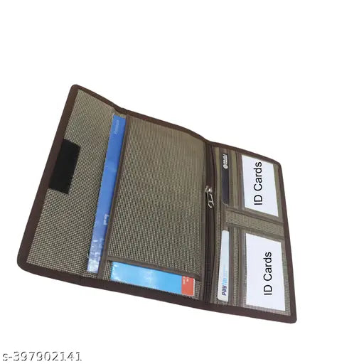 Black fabric zip wallet with multiple card slots, expandable sections for various document types