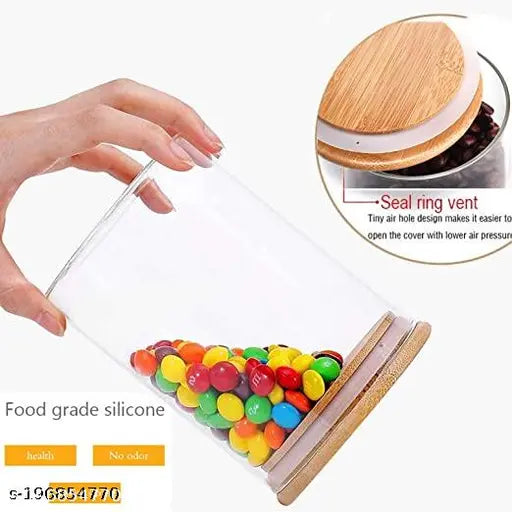VRS MALL Crystal Clear Round Shaped Borosilicate Glass Jar with Leak Proof Air Tight Bamboo Wooden Lid and Silicone Sealing Ring Set in a 270ml Pack of 12