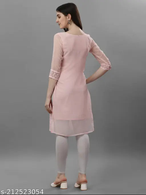 Embroidered Georgette petite kurti, three-quarter sleeves, Indian chikan embroidery, size M to XXXL