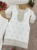 White women's embroidered kurta set with long sleeves and matching dupatta