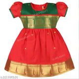 Silver Kraft chanderi silk knee-length frocks dress for baby girls, printed with intricate golden embroidery, contrasted by red silk saree with golden border